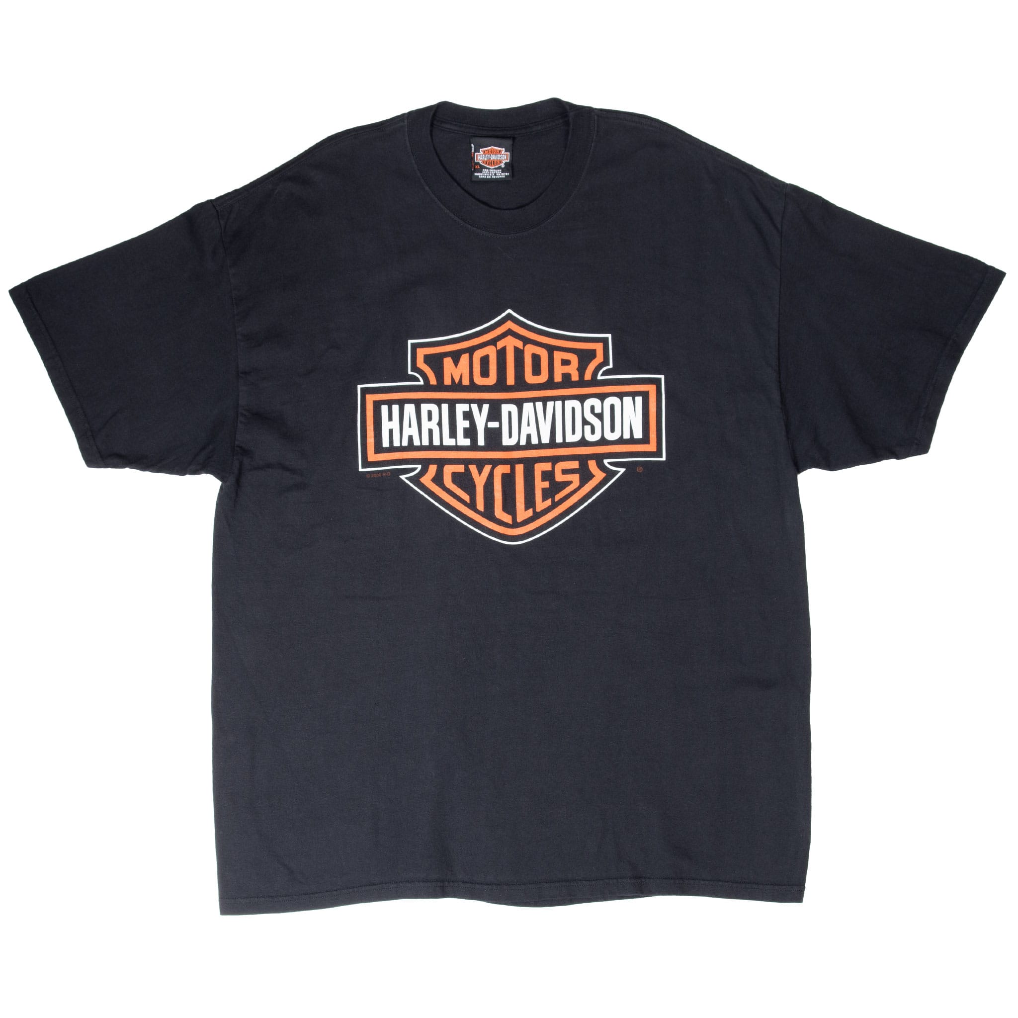 Full front view of black Harley-Davidson T-shirt with shield chest graphic