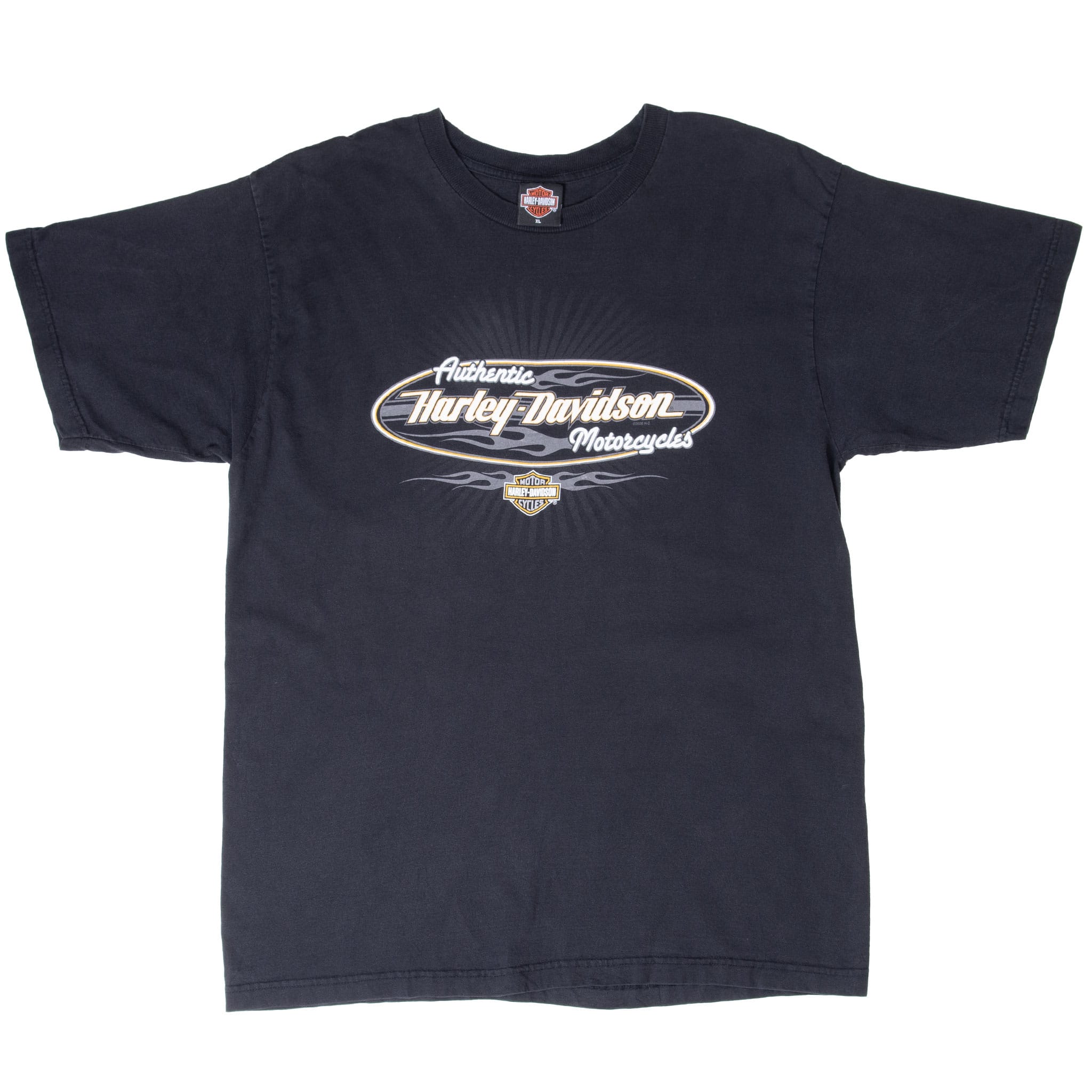 Full front of black Harley-Davidson short-sleeve T-shirt with oval motorcycle graphic