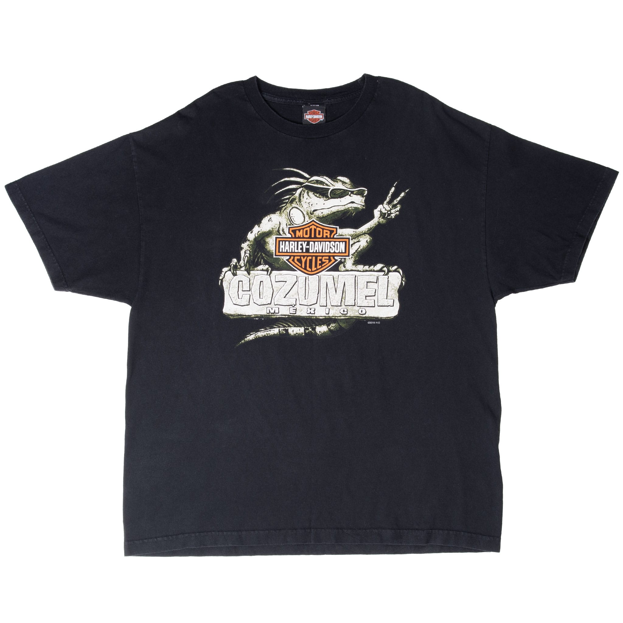 Full front view of black Harley-Davidson Cozumel T-shirt with iguana graphic