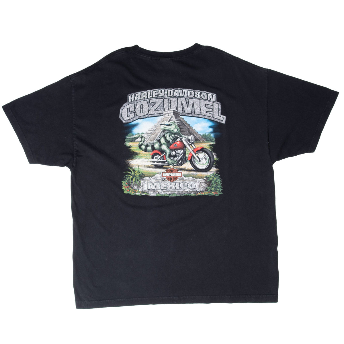 Back of black Harley-Davidson Cozumel T-shirt with iguana motorcycle and pyramid graphic
