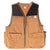 Front view of brown Carhartt hunter vest with dark quilted shoulder panels and utility pockets