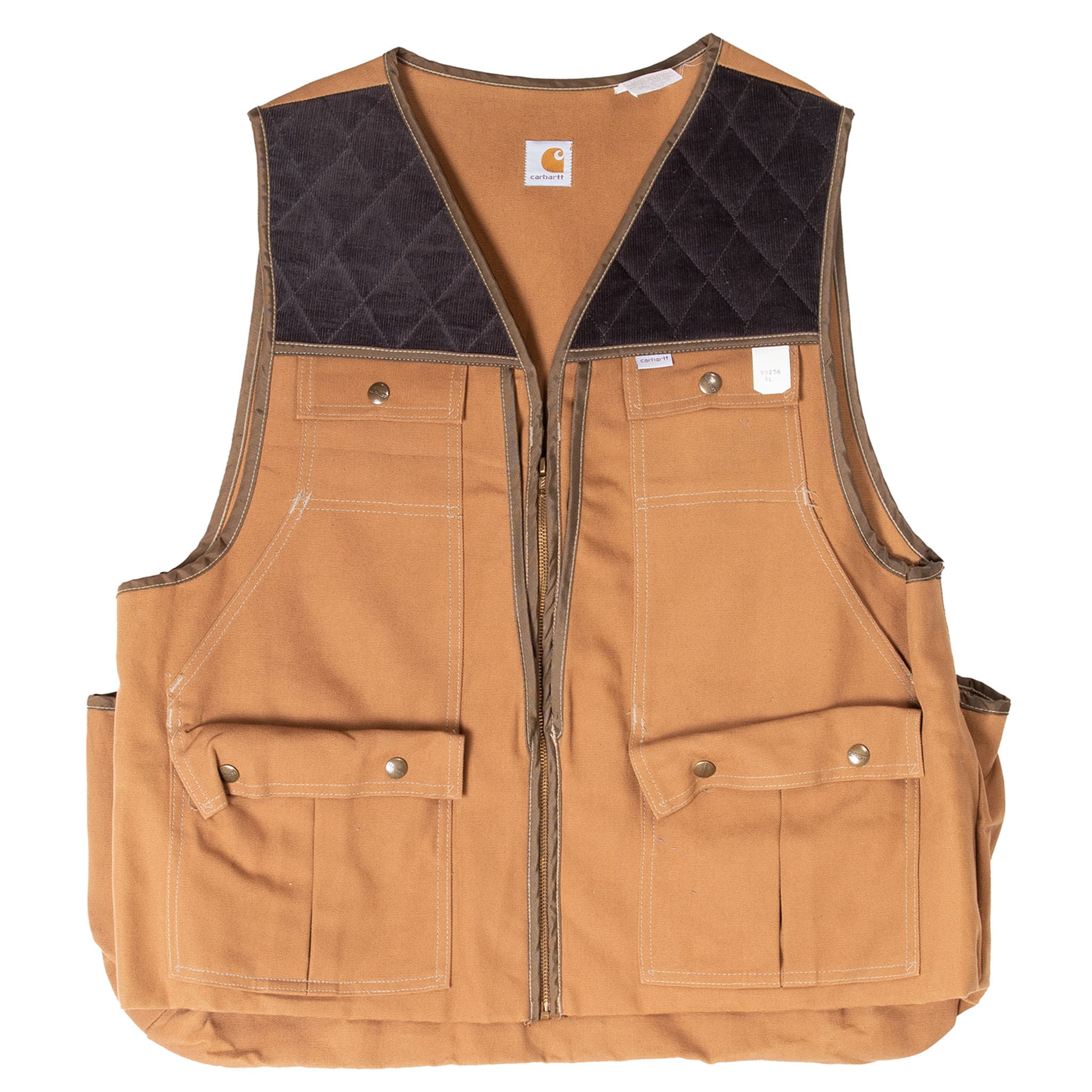 Front view of brown Carhartt hunter vest with dark quilted shoulder panels and utility pockets