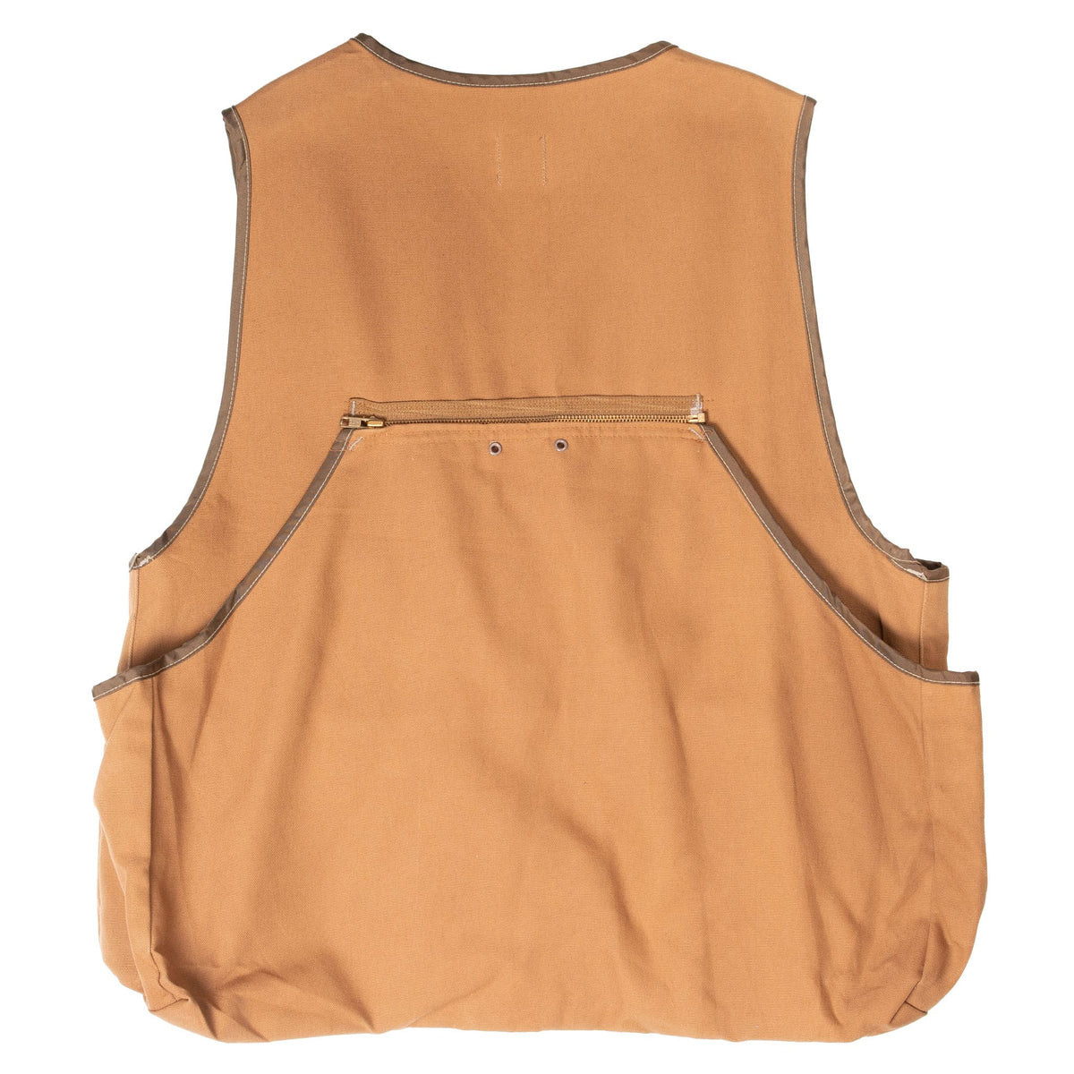 Back of brown Carhartt VU256 hunter vest with zippered game pocket and large side pockets