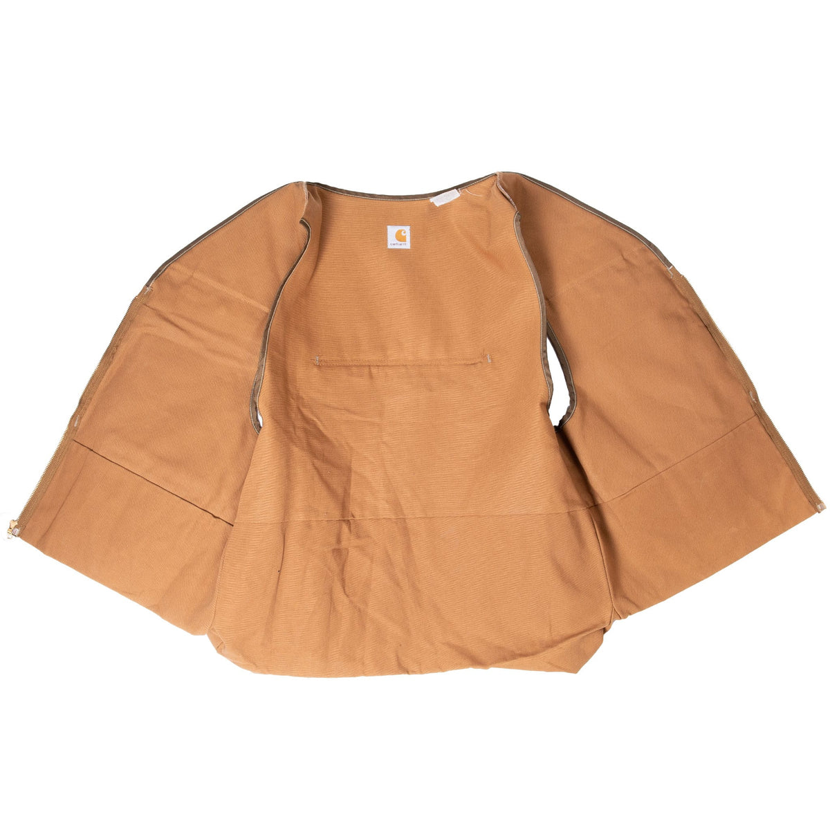 Brown Carhartt hunter vest opened flat to show the interior and Carhartt logo patch