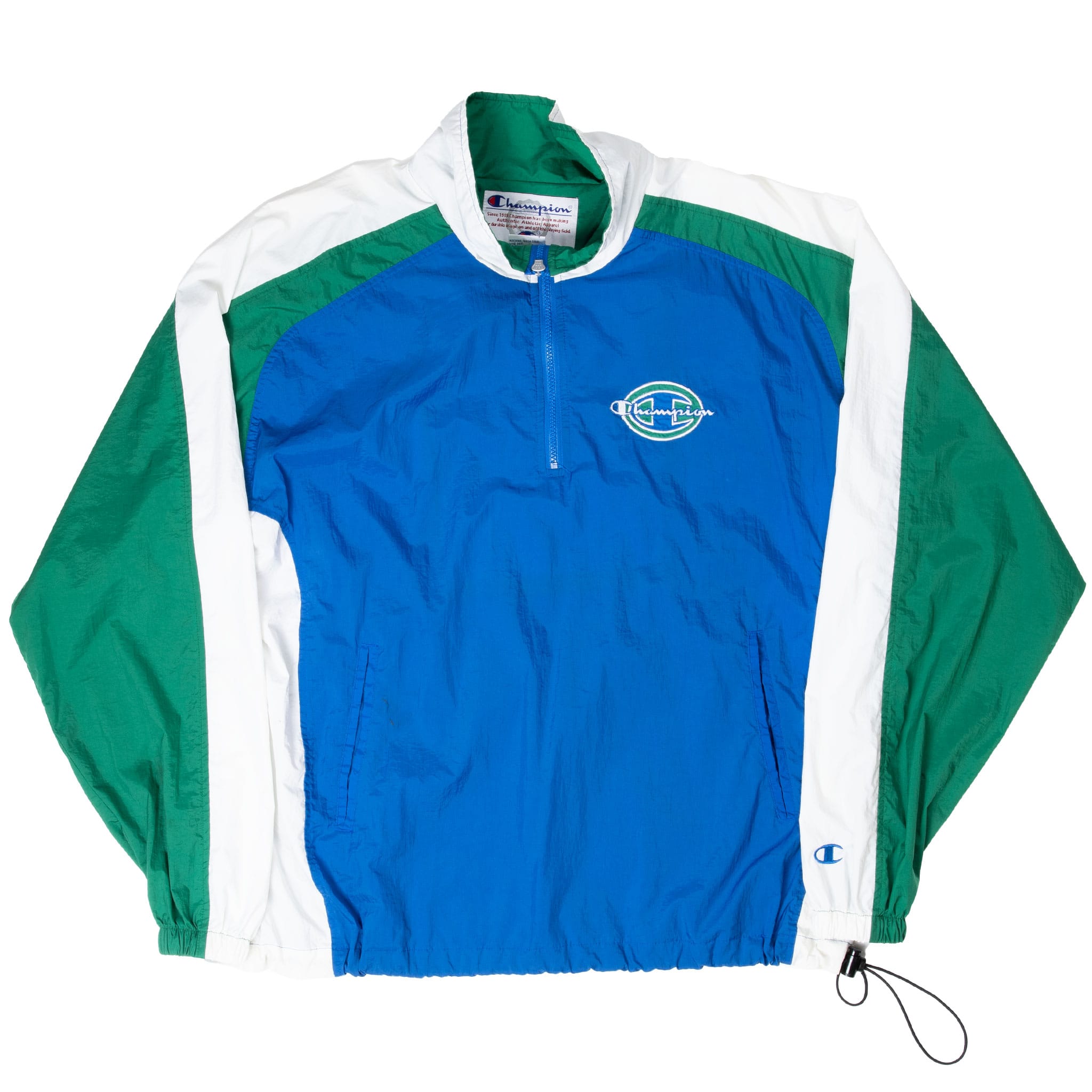 Front of blue, green and white Champion quarter-zip pullover windbreaker