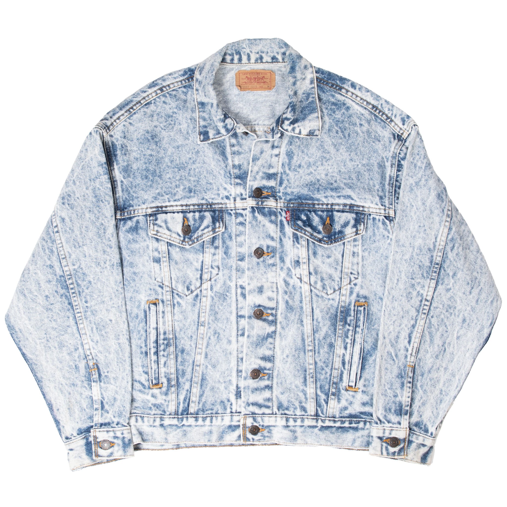 Full front view of Levi's blue acid-wash denim jacket with buttoned cuffs
