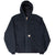 Full front view of black Carhartt J140 hooded jacket with ribbed cuffs and hem