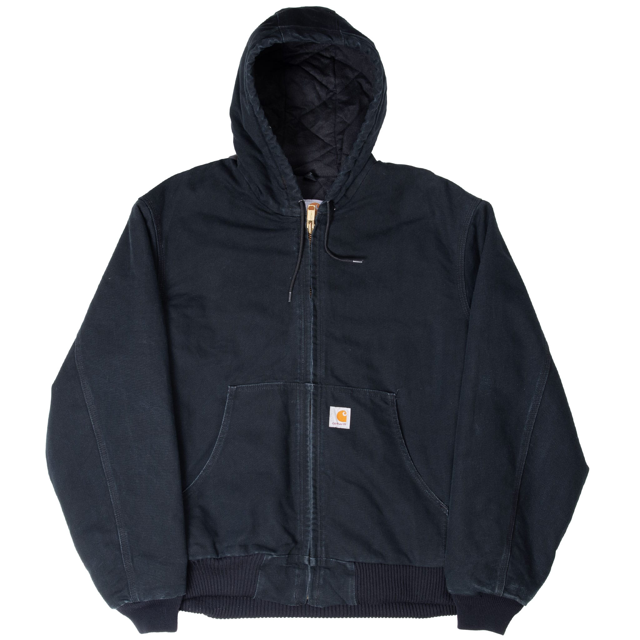 Full front view of black Carhartt J140 hooded jacket with ribbed cuffs and hem