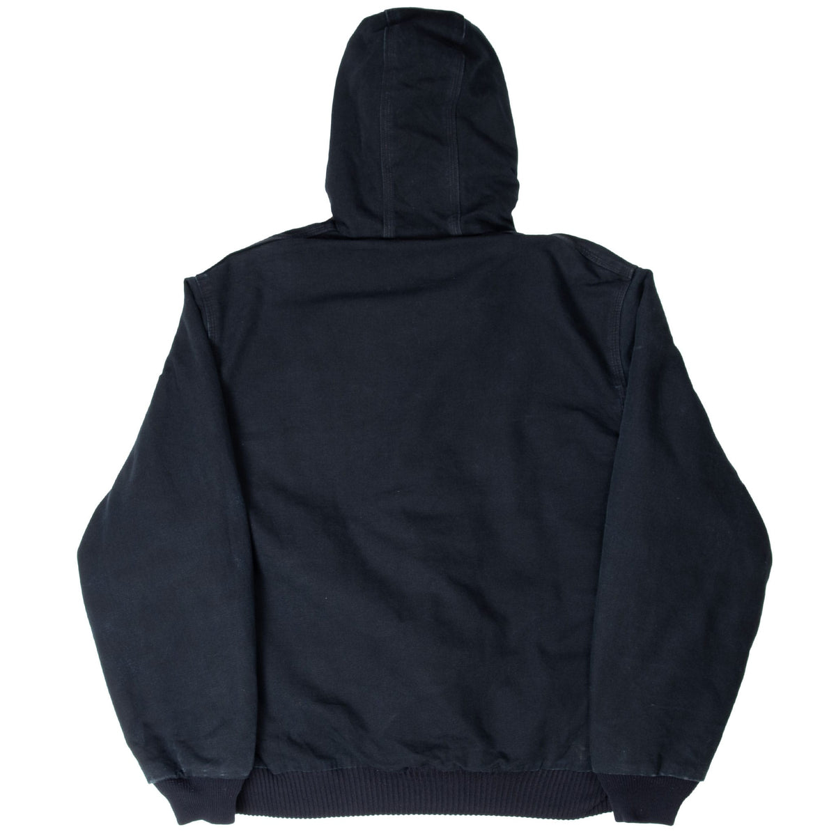 Back of black Carhartt J140 hooded jacket with ribbed cuffs and hem