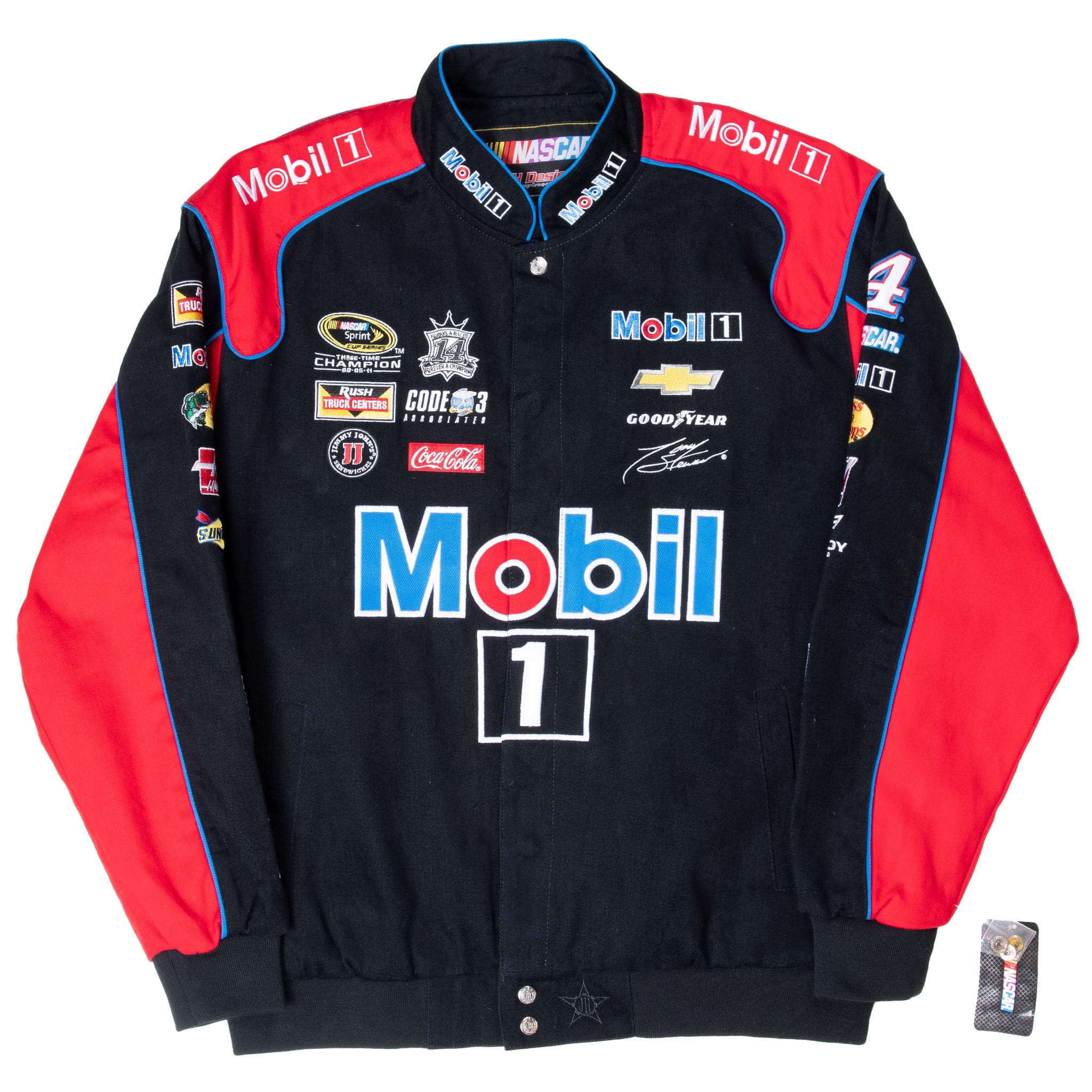 Full front view of Tony Stewart Mobil 1 racing jacket with snap closure and blue piping
