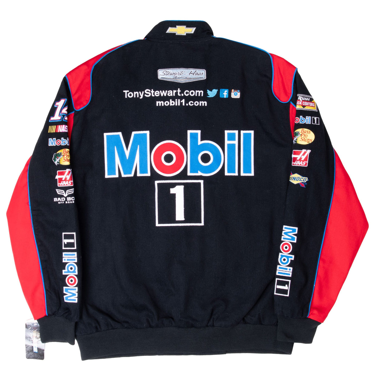 Back of Tony Stewart jacket with large Mobil 1 embroidery and sponsor-covered sleeves