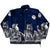 Full front view of navy Mazmania fleece jacket with allover wolves, moons and stars