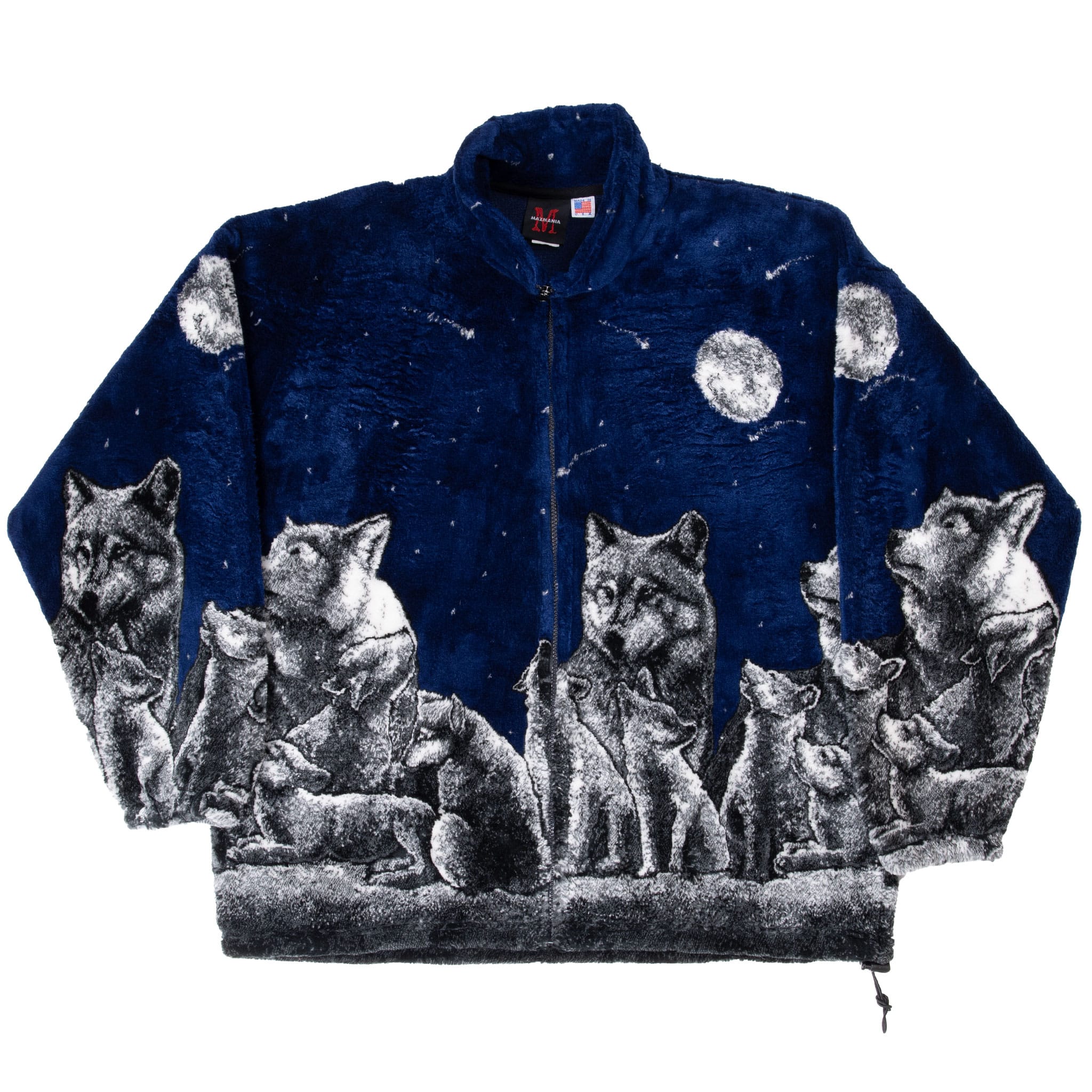 Full front view of navy Mazmania fleece jacket with allover wolves, moons and stars