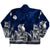 Back view of navy Mazmania fleece jacket with gray wolves beneath moons and stars