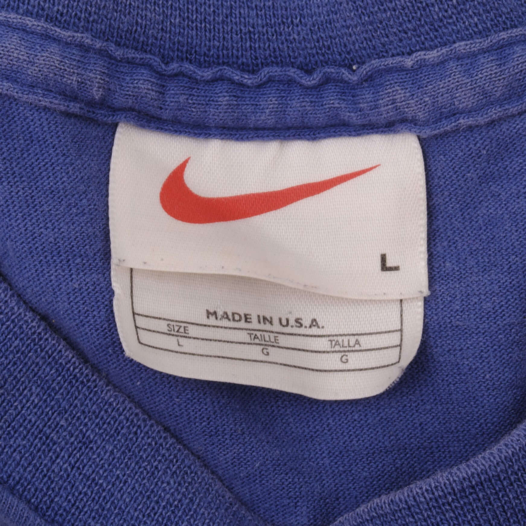 Vintage Nike Spell out Back Print Swoosh Blue Tee Shirt Late 1990s Size Large Made In USA