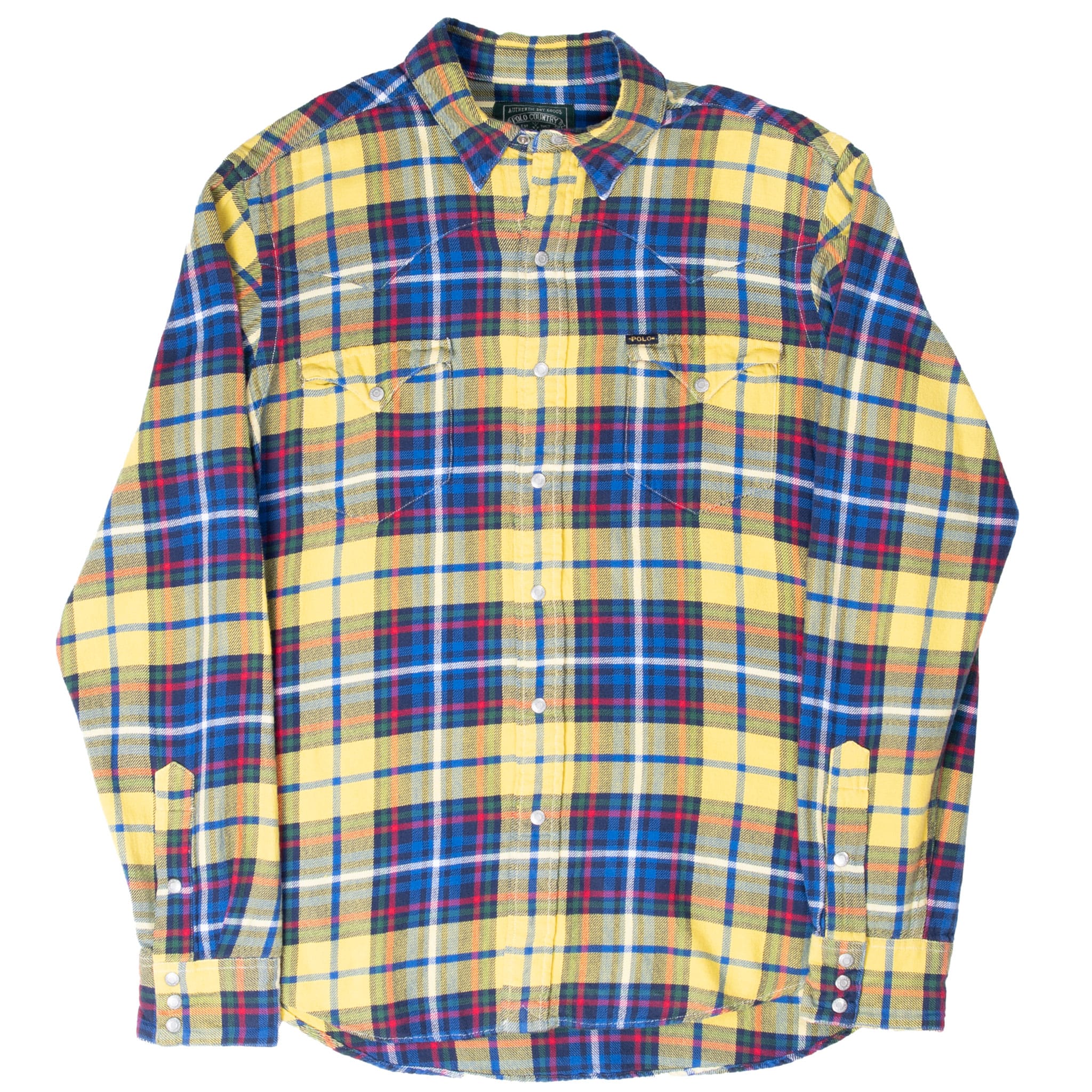 Full front view of Ralph Lauren Polo Country yellow and blue plaid snap-front shirt