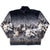 Full front view of Mazmania wolf-print fleece jacket with stand collar and zip closure