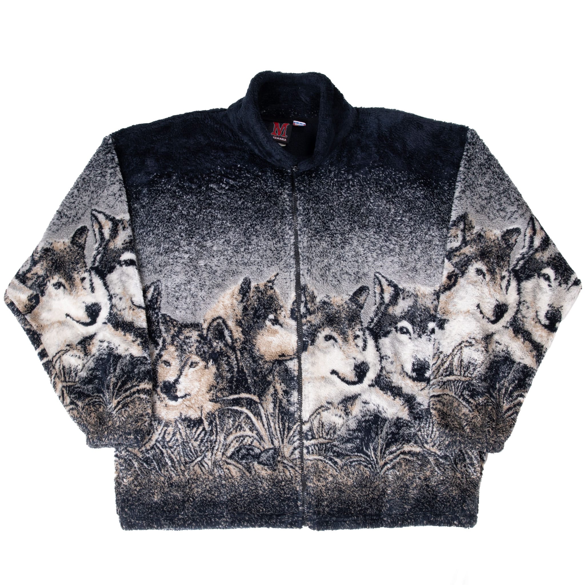 Full front view of Mazmania wolf-print fleece jacket with stand collar and zip closure