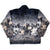 Back of Mazmania fleece jacket with wraparound wolf pack and foliage print