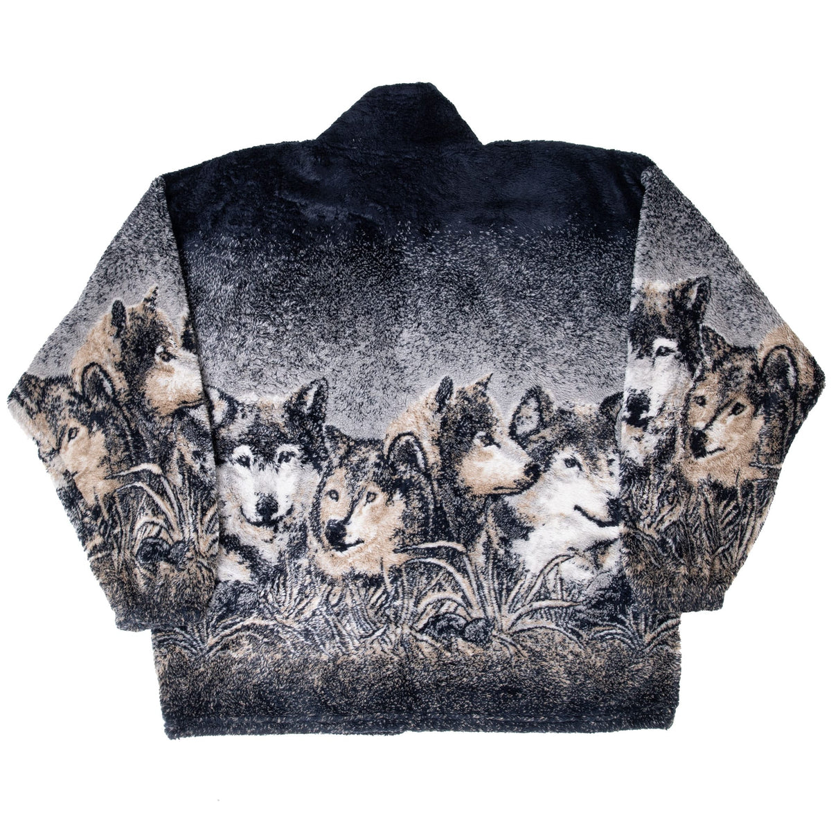 Back of Mazmania fleece jacket with wraparound wolf pack and foliage print