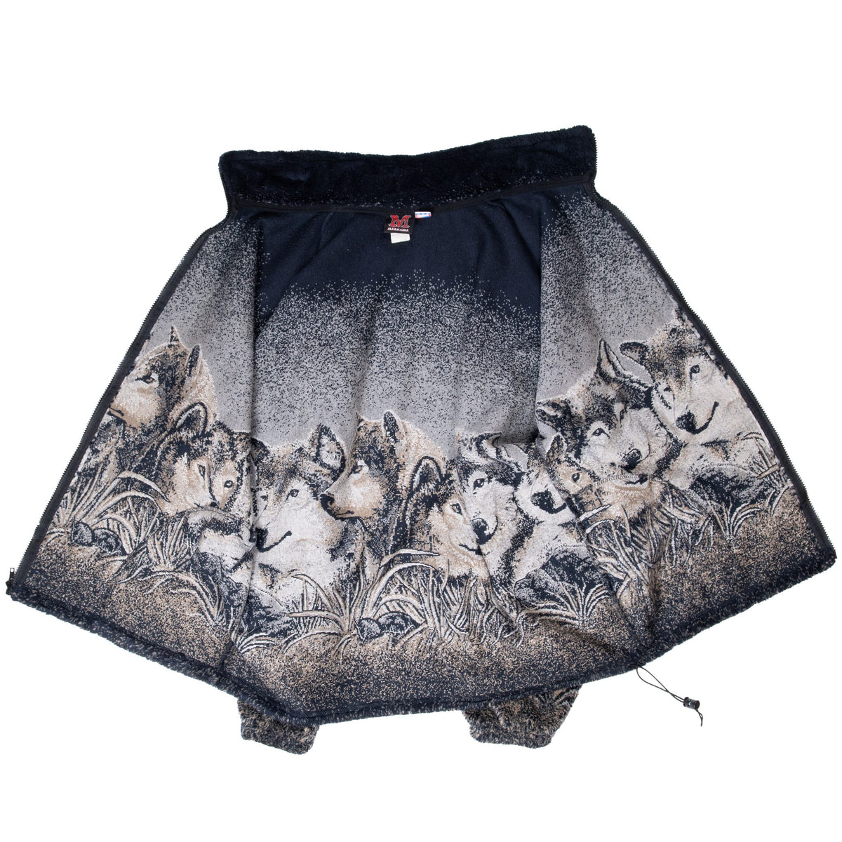 Mazmania wolf-print fleece jacket opened to show the interior and wraparound design