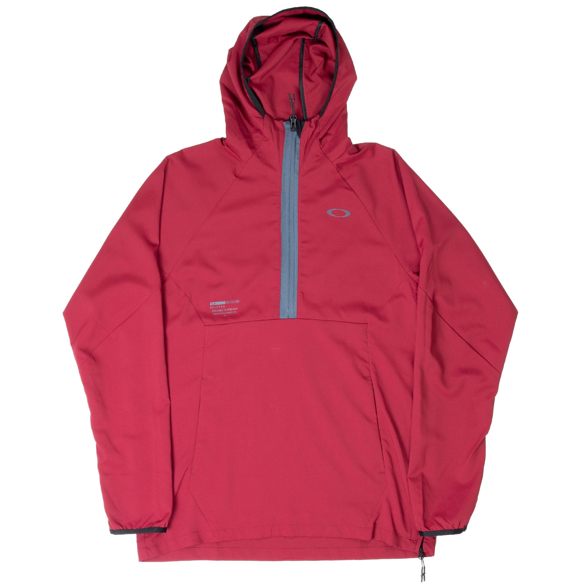 Full front view of burgundy Oakley pullover windbreaker with hood, gray half-zip, and drawcord hem