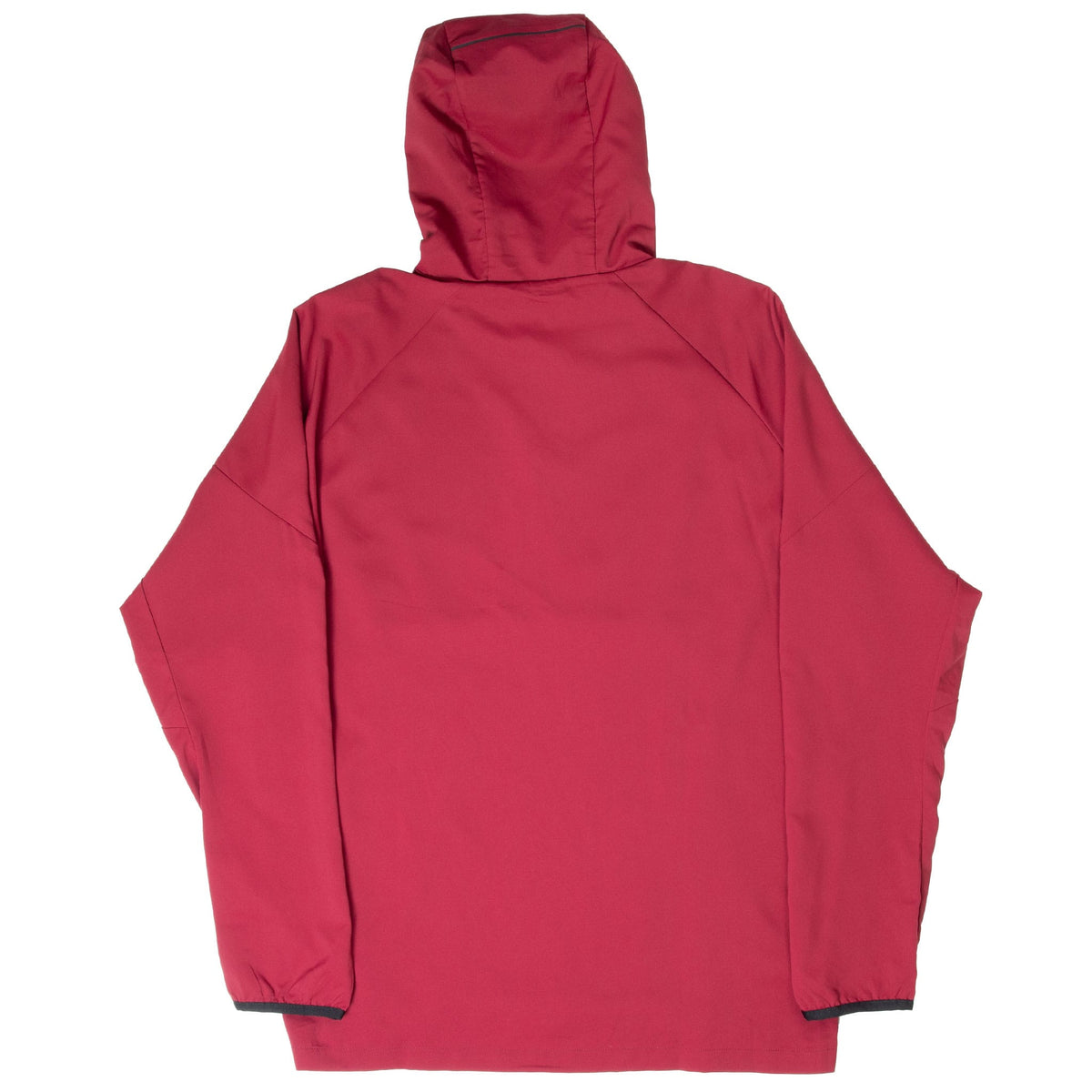 Back of burgundy Oakley hooded pullover windbreaker with raglan sleeves and black cuff trim