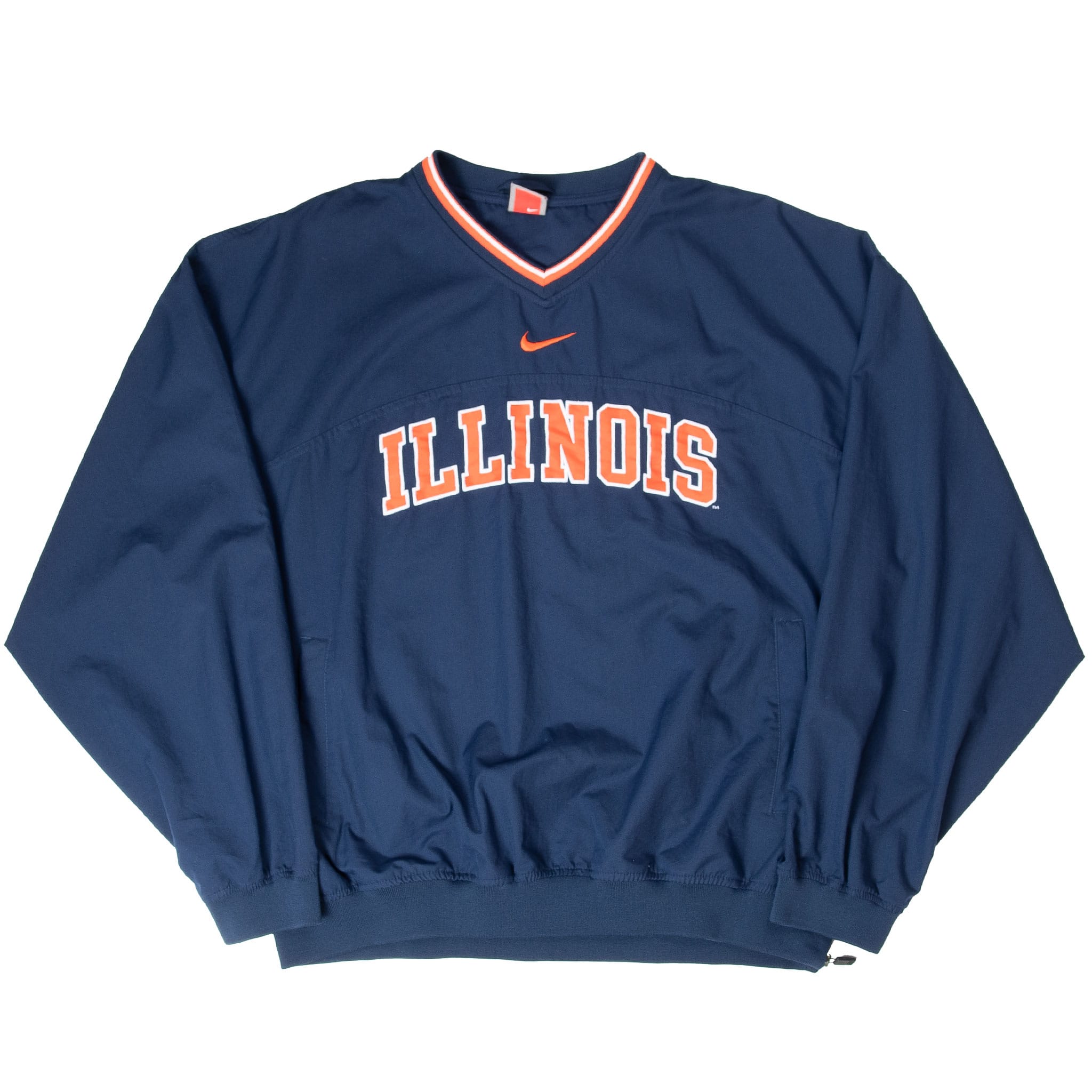 Full front view of navy Nike Illinois pullover windbreaker with striped V-neck