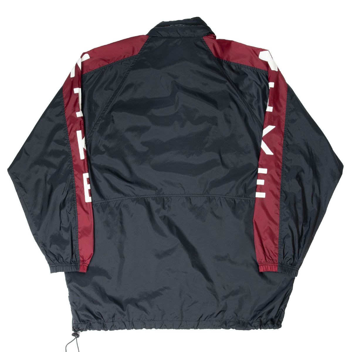 Back of black Nike pullover windbreaker with burgundy shoulder and sleeve panels and white lettering