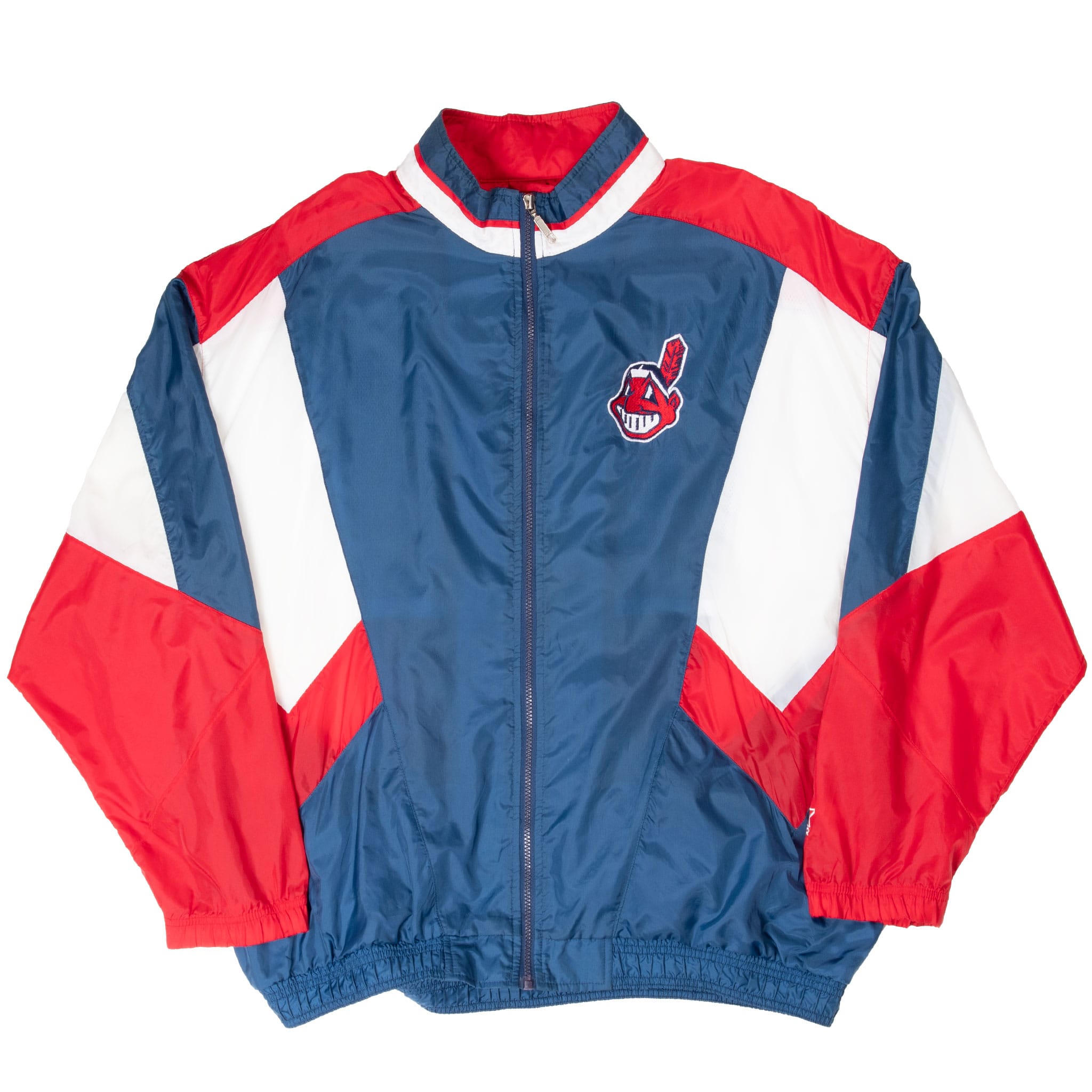 Full front view of Cleveland Indians Starter zip windbreaker with embroidered chest logo
