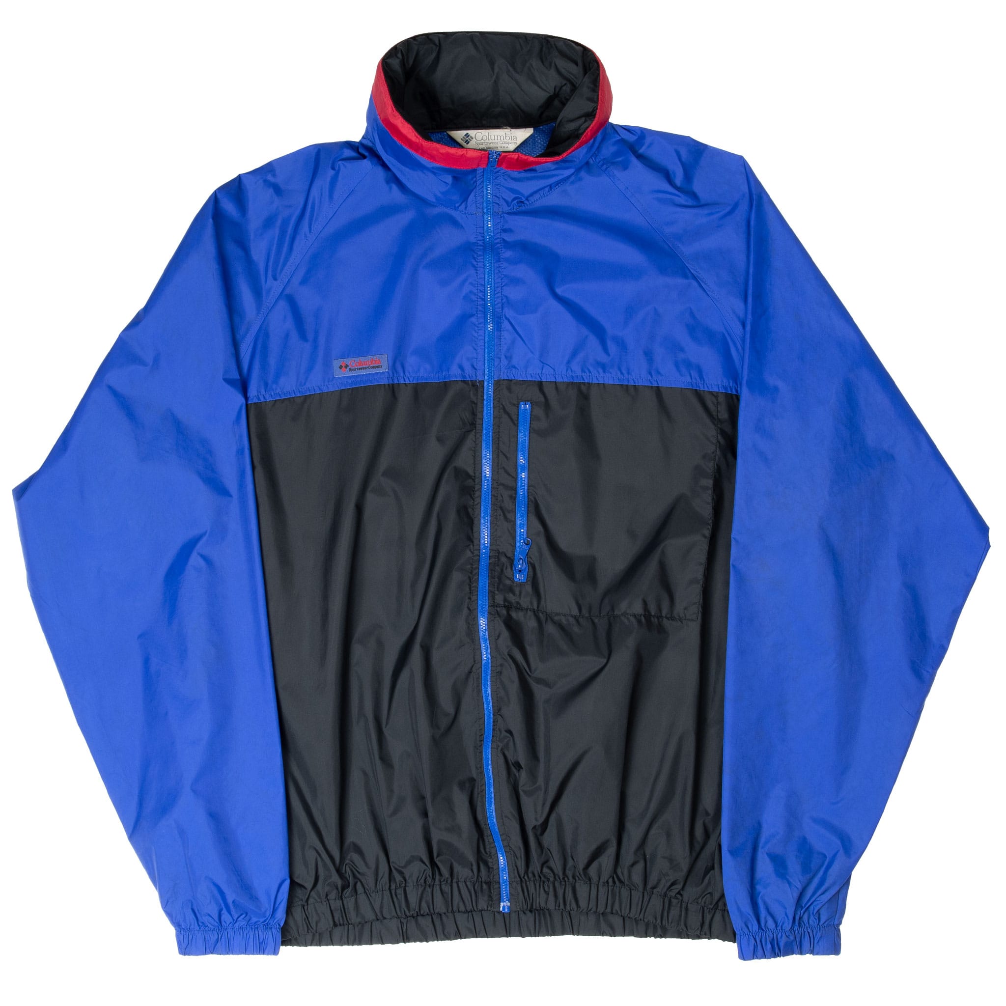 Front of blue and black Columbia windbreaker with full zip and vertical chest pocket