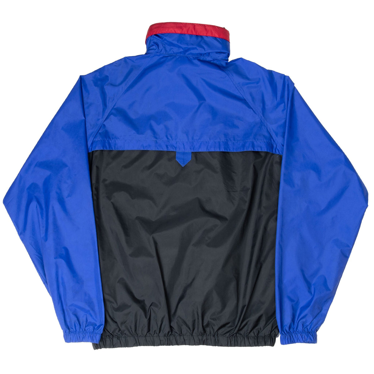 Back of blue and black Columbia windbreaker with red collar trim and elastic hem