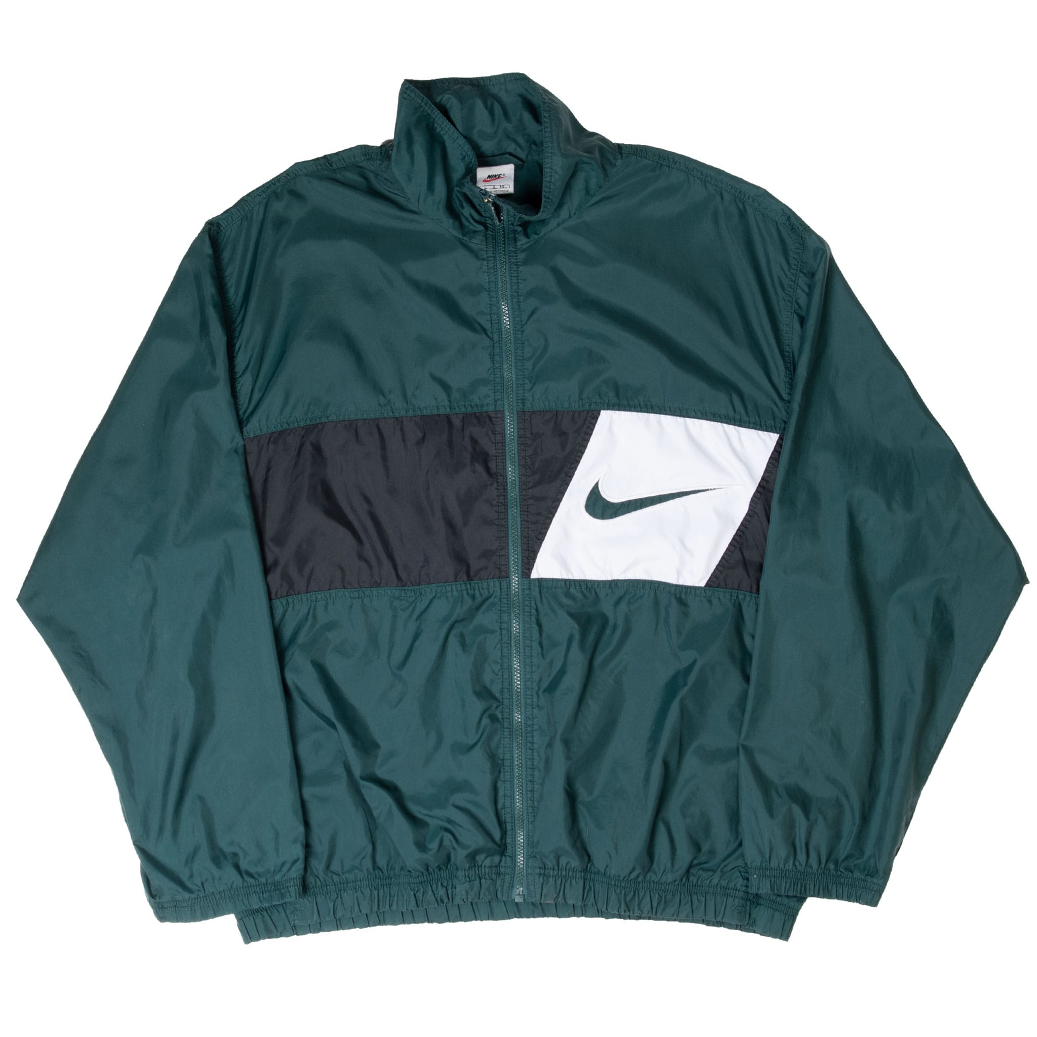 Front of green Nike full-zip windbreaker with black-and-white chest panel and Swoosh