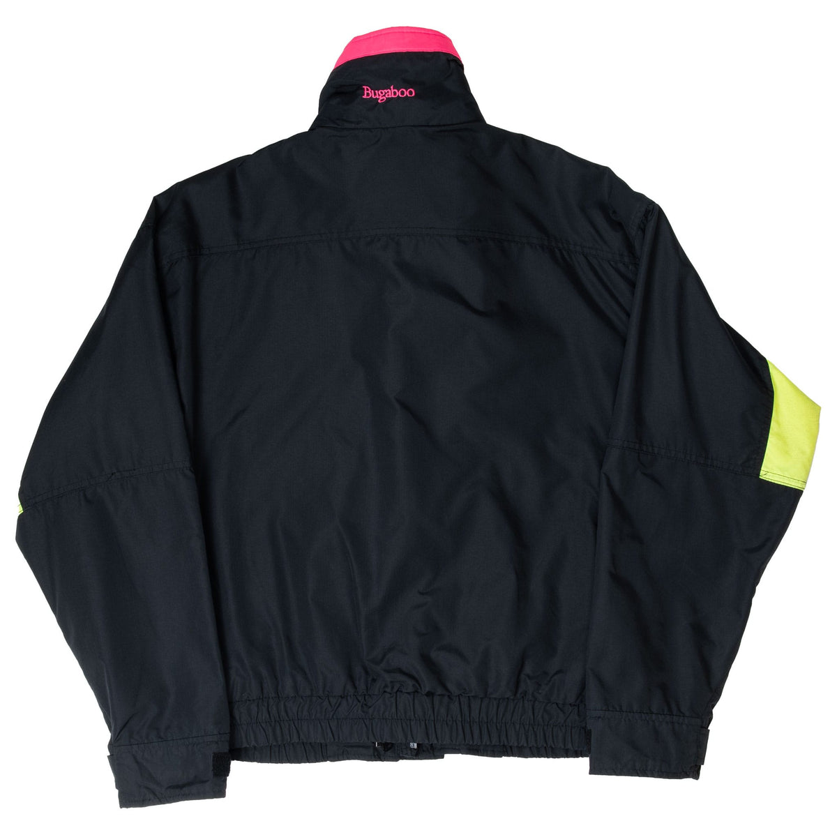 Back of black Columbia Bugaboo jacket with pink collar panel and embroidered Bugaboo branding