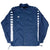 Full front view of navy Adidas zip-up windbreaker with stand collar, pockets, and white sleeve stripes