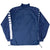 Back of navy Adidas windbreaker with white striped panels along the shoulders and sleeves