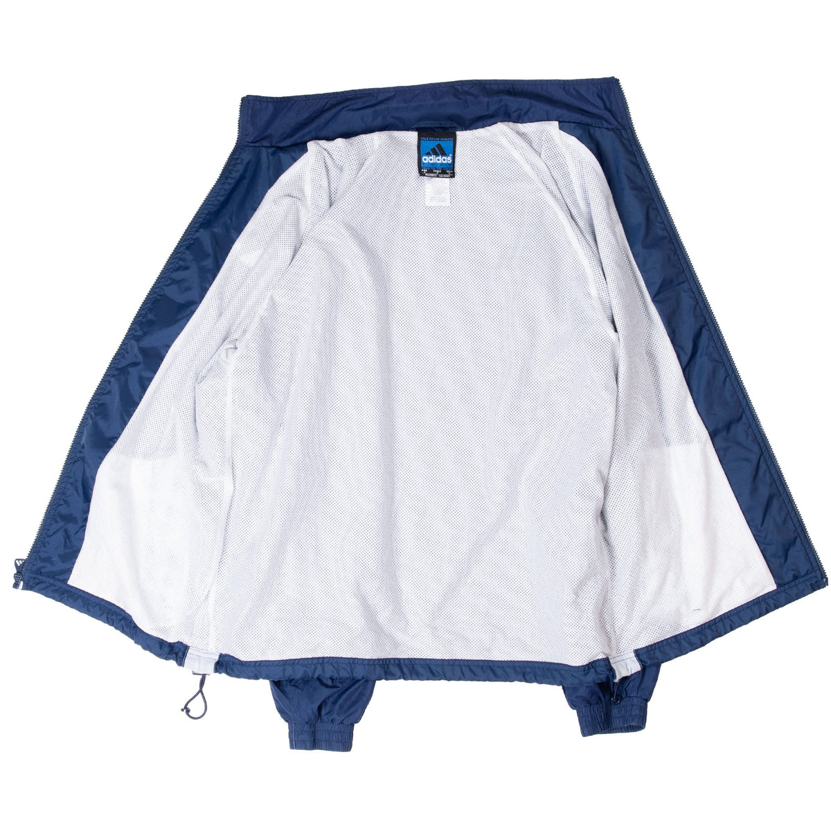 Interior of navy Adidas windbreaker opened to show white mesh lining and neck label
