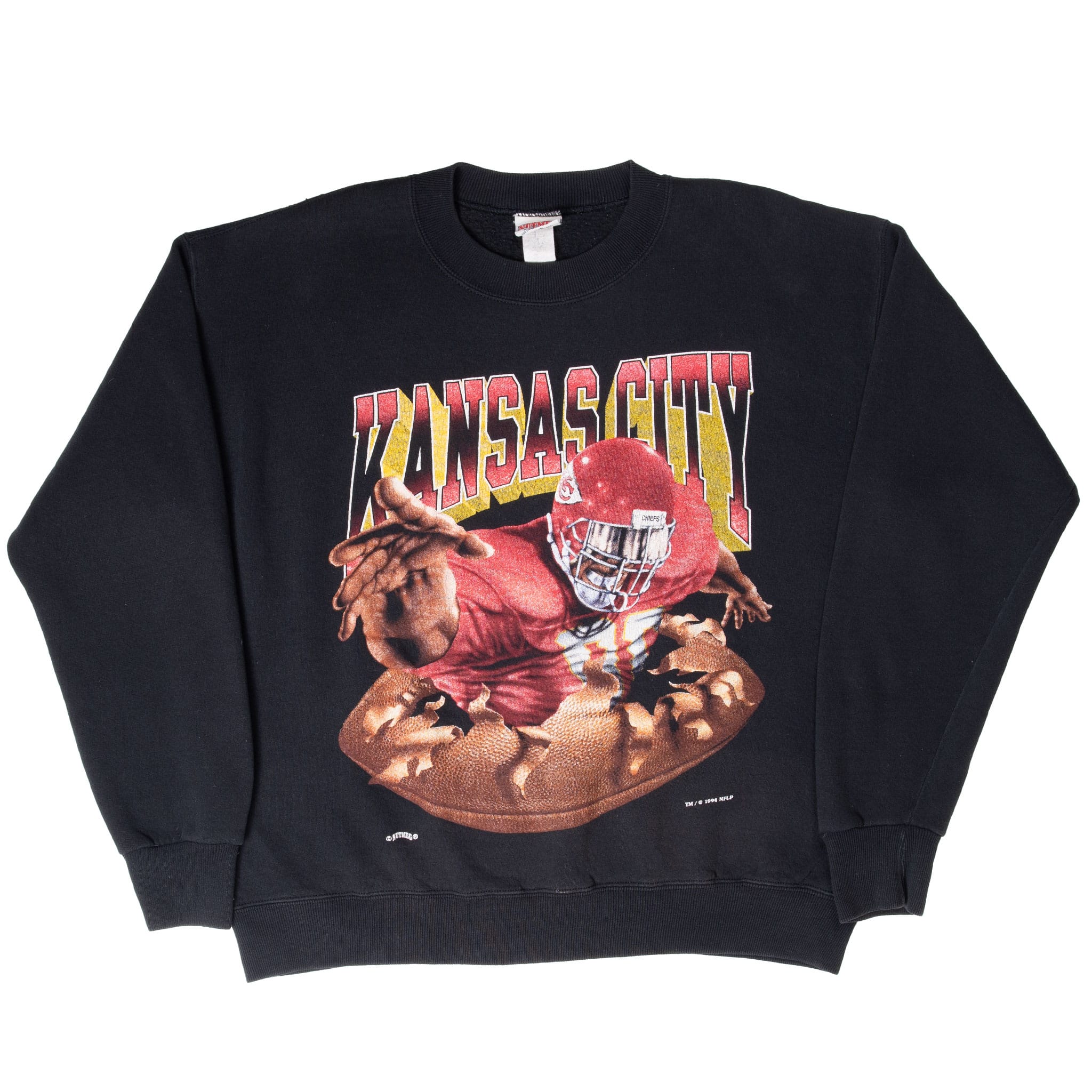 Full front view of black Kansas City Chiefs crewneck sweatshirt with red and gold graphic