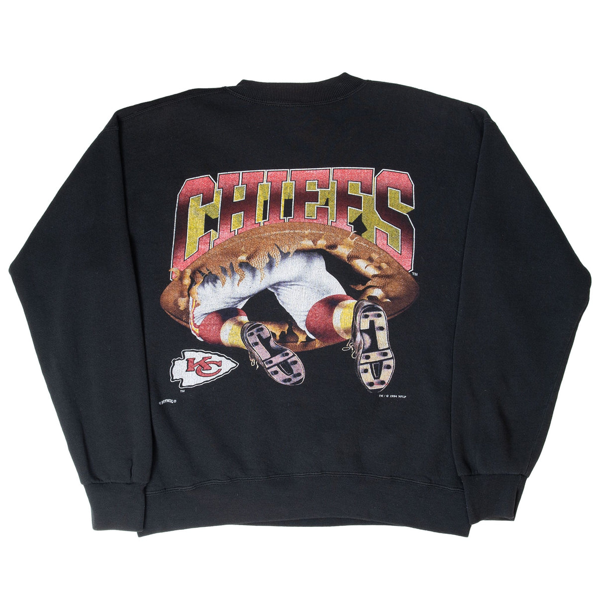 Back of black Kansas City Chiefs sweatshirt with player, football and arrowhead logo graphic