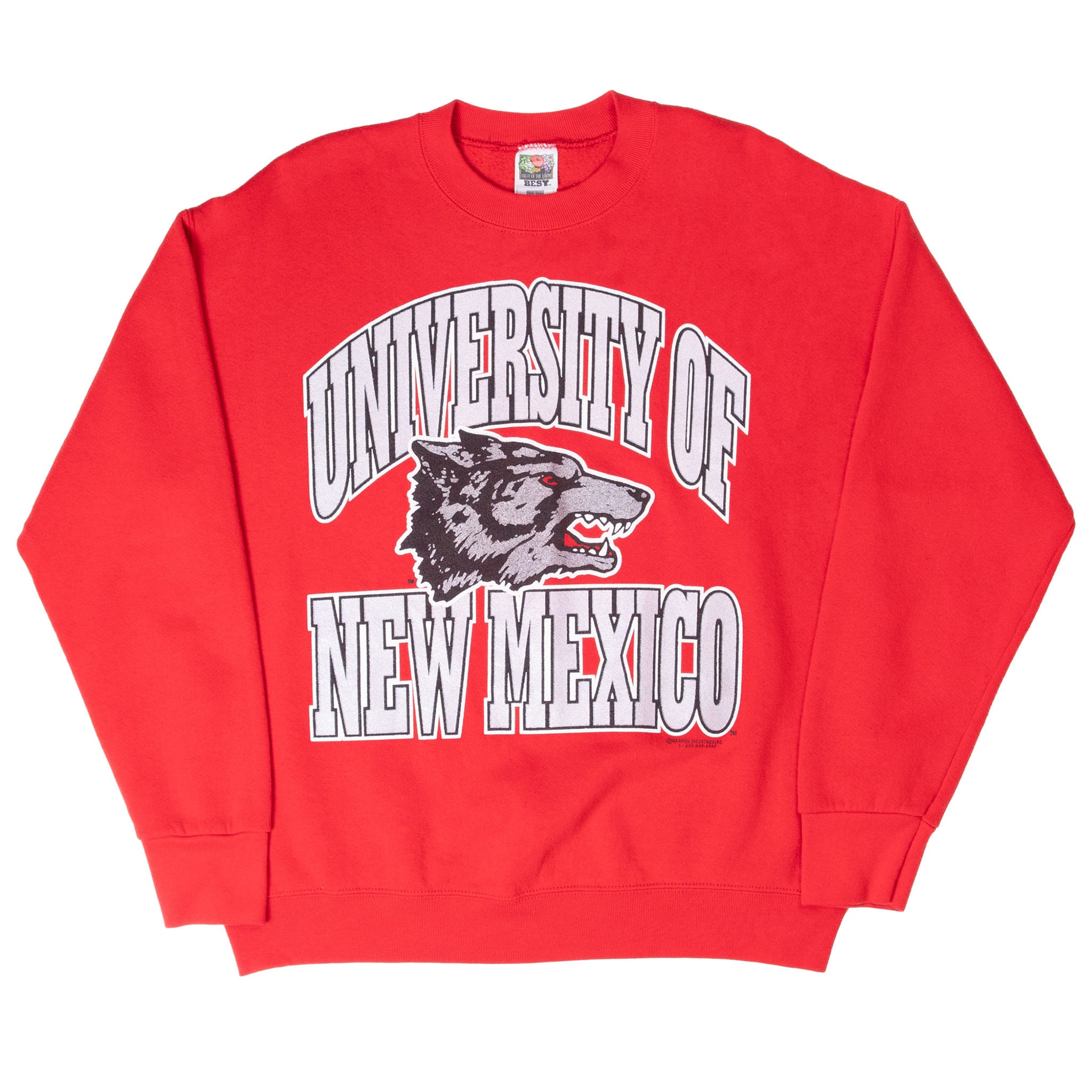 Full front view of red University of New Mexico Lobos crewneck sweatshirt