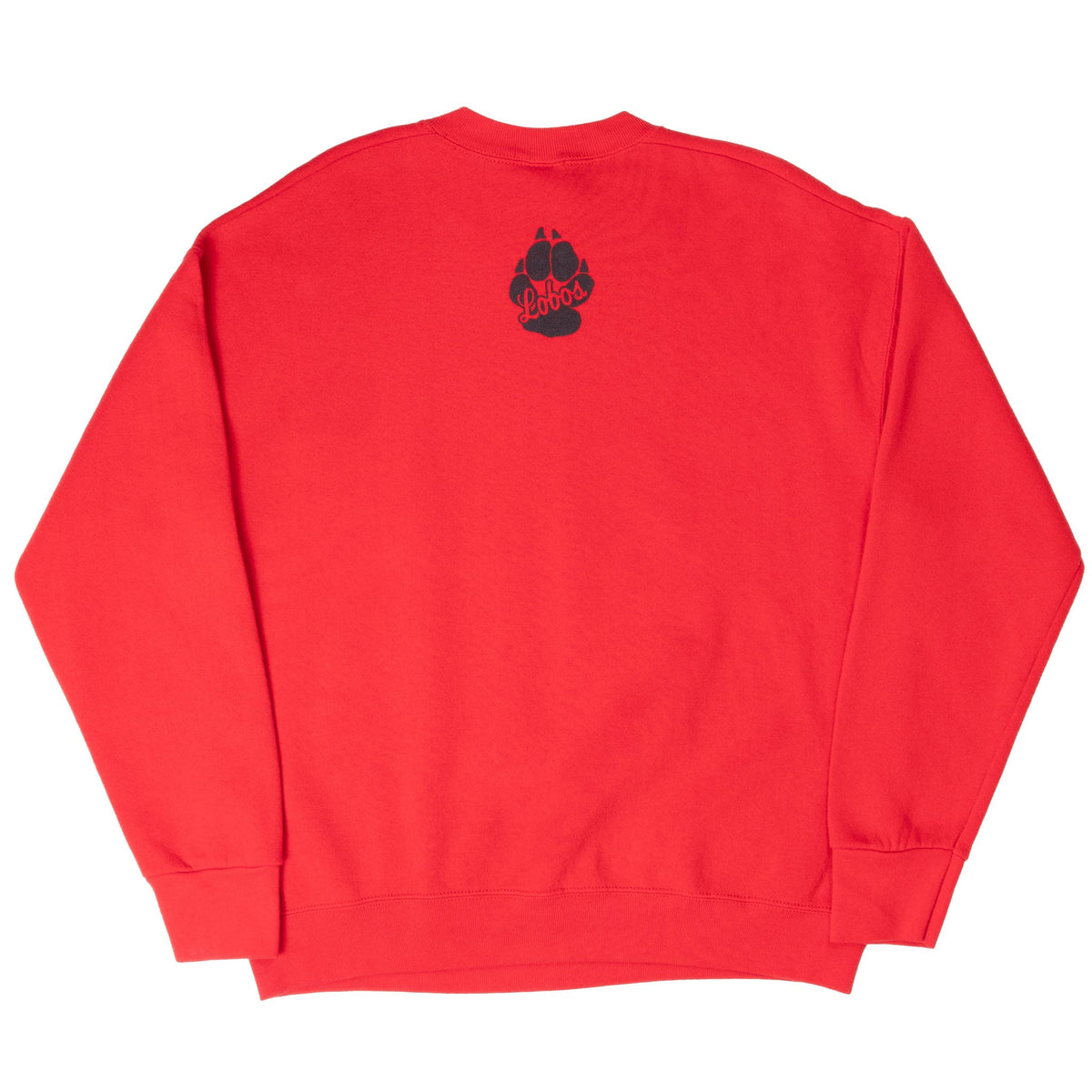Back of red New Mexico Lobos sweatshirt with black paw-print graphic
