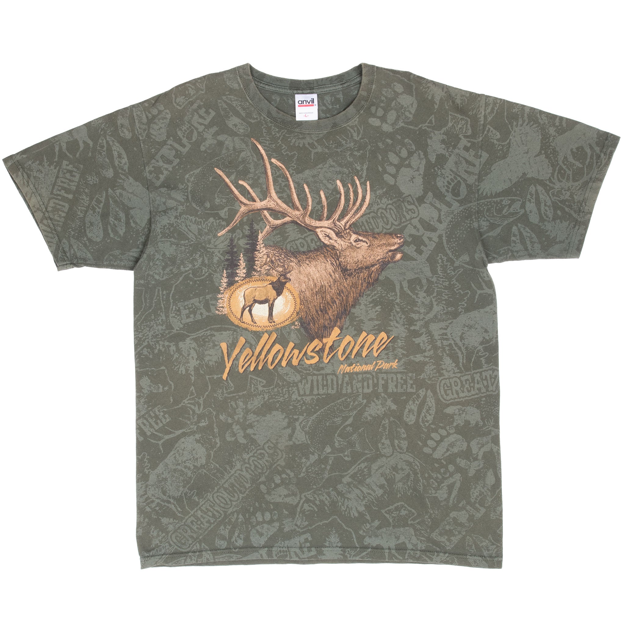 Vintage Yellow Stone National Park Elk Animal Print Tee Shirt 2000S Size Large