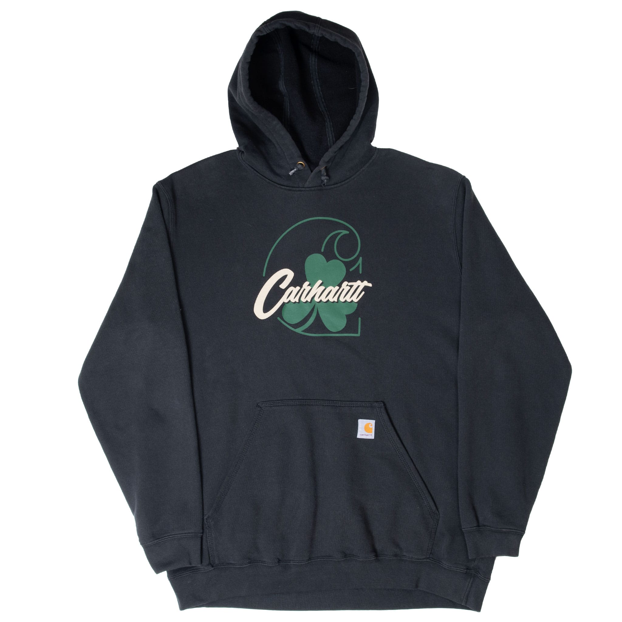 Front view of black Carhartt clover hoodie with kangaroo pocket and woven logo patch