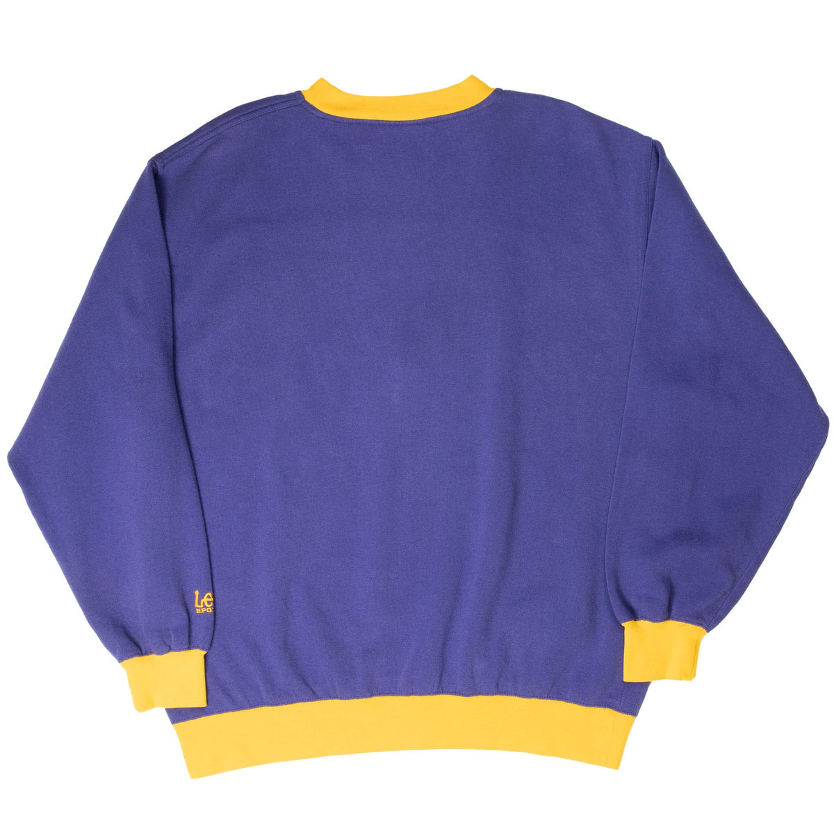 Back of purple Lee Sport Minnesota Vikings sweatshirt with gold ribbed trim and sleeve logo