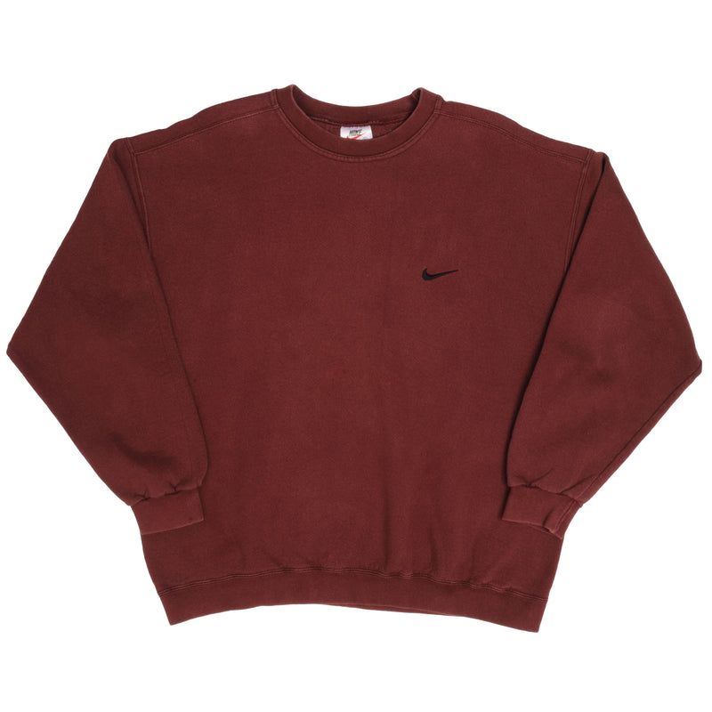 Vintage Nike Classic Swoosh Red Bordeaux Crewneck Sweatshirt 1990S Size XL Made In USA