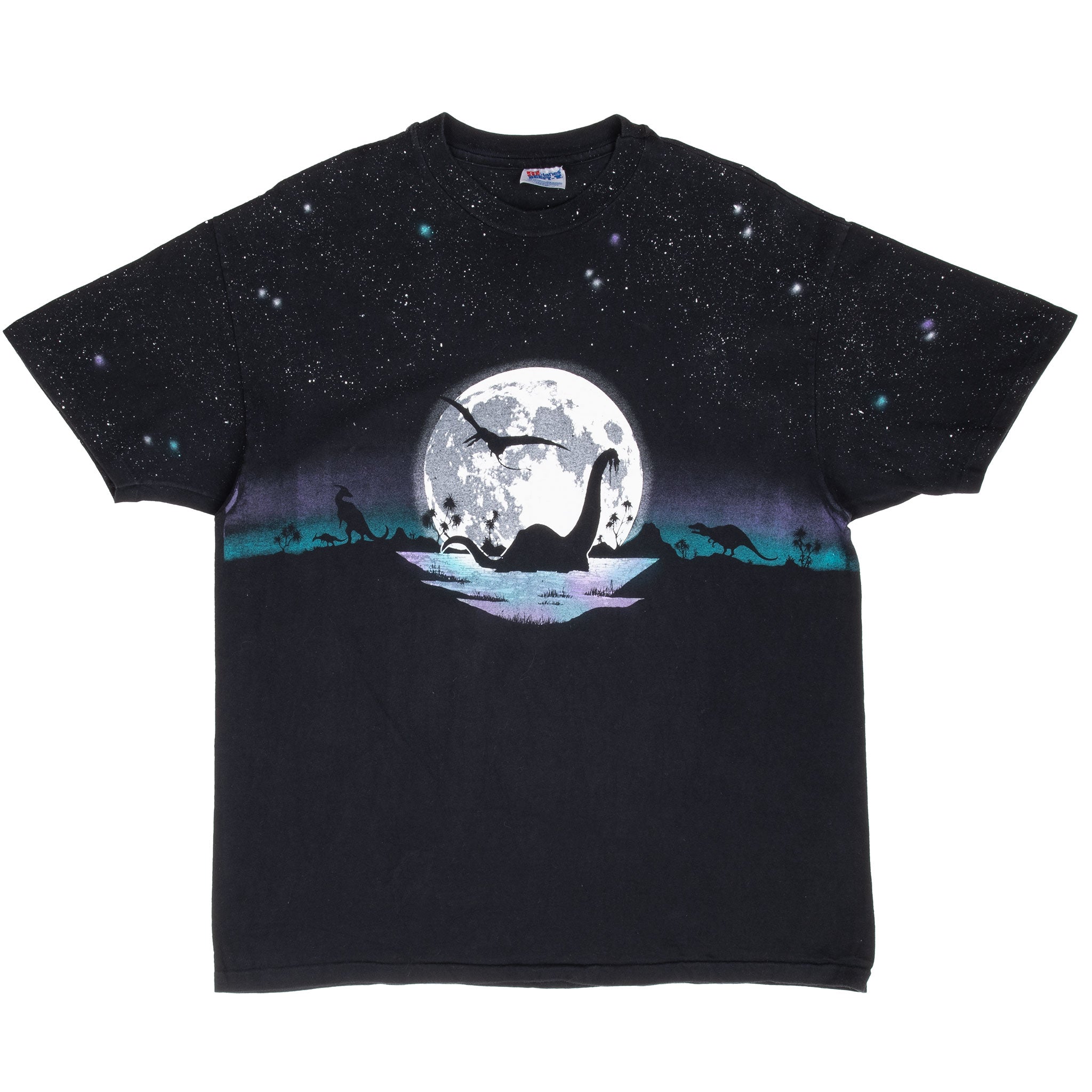 Vintage Dinosaur Moon Graphic All Over Print Tee Shirt 1990S Size XL Made In Usa