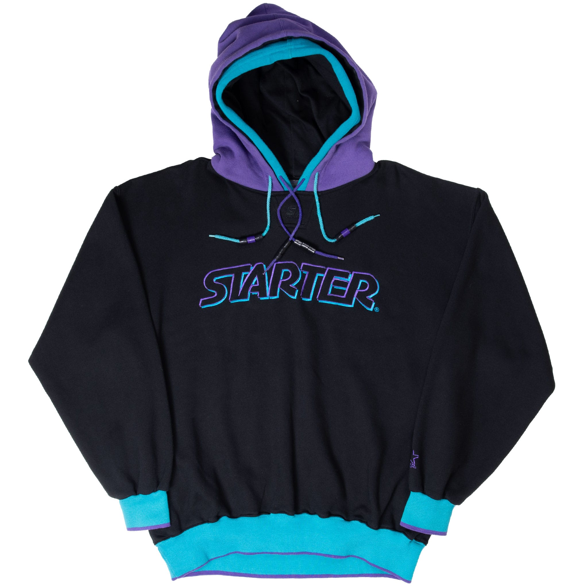 VINTAGE STARTER BLACK TEAL PURPLE DOUBLE HOODIE SWEATSHIRT 1990S SIZE XL