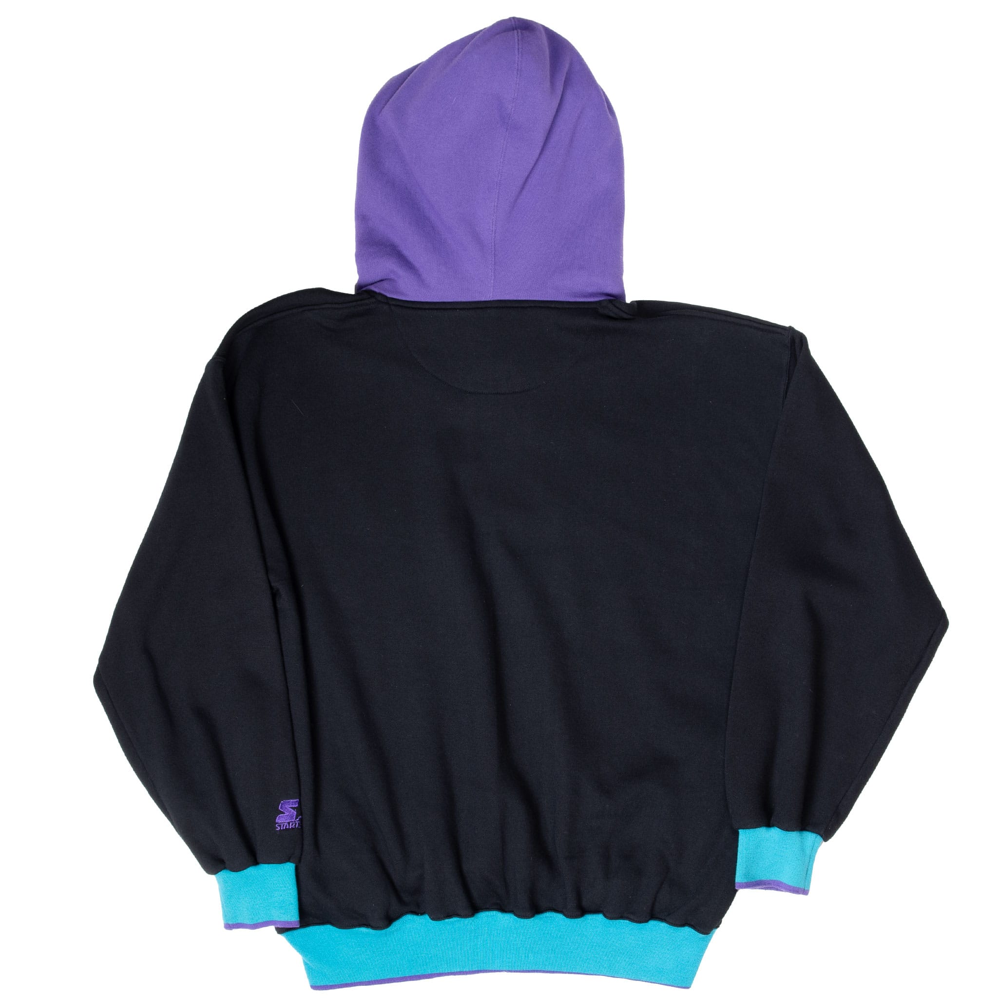 VINTAGE STARTER BLACK TEAL PURPLE DOUBLE HOODIE SWEATSHIRT 1990S SIZE XL