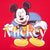 Close-up of smiling Mickey Mouse graphic with multicolor Mickey lettering