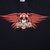 Close-up of red and white Aerosmith logo, horned skull, and wings front graphic